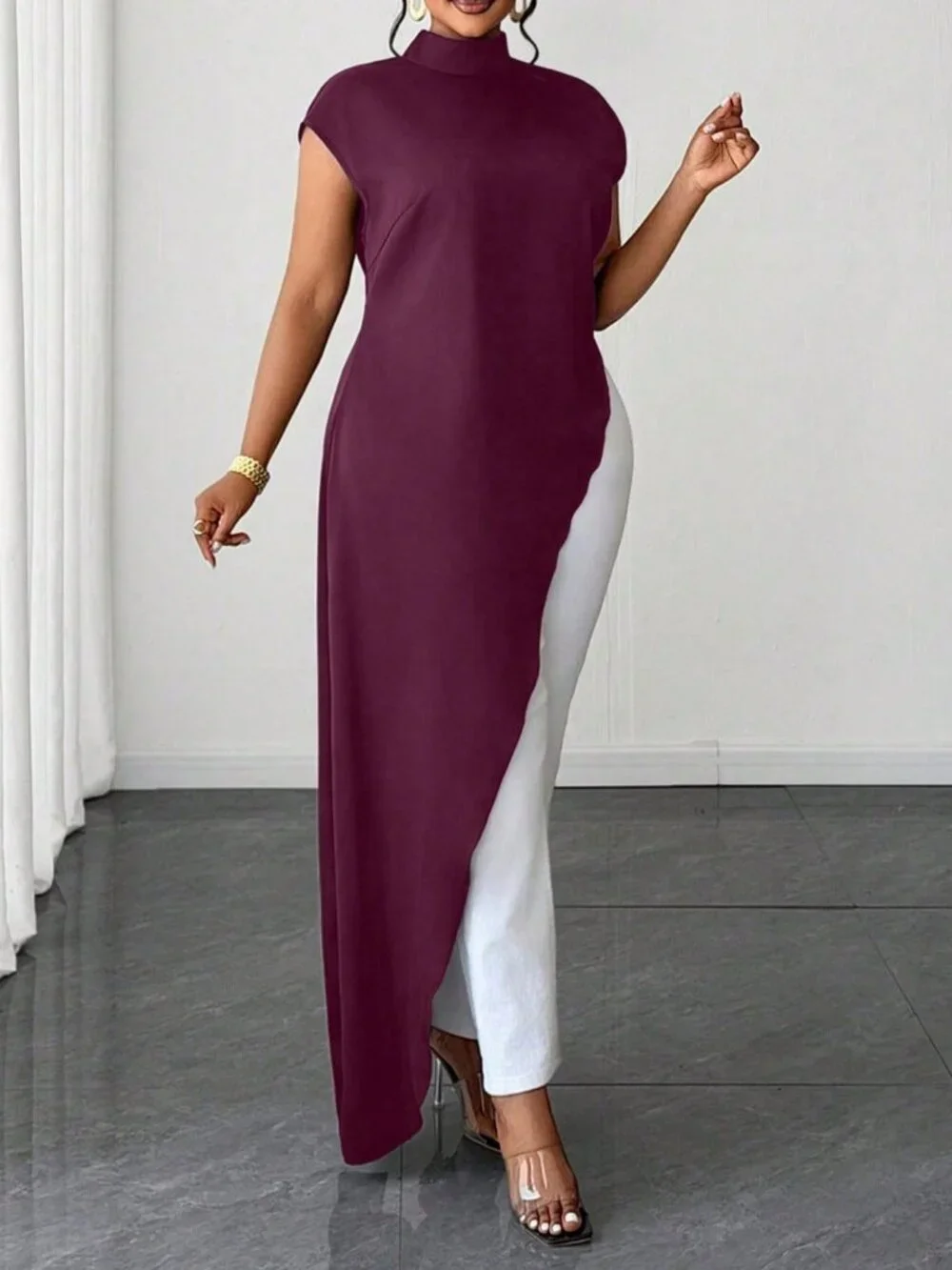 Red Violet Casual Women's Plus Size Stand Collar Asymmetrical Hem Long Shirt
